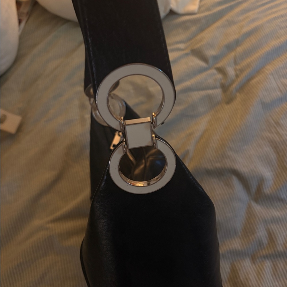 Black Leather Shoulder Bag with Gold Accents